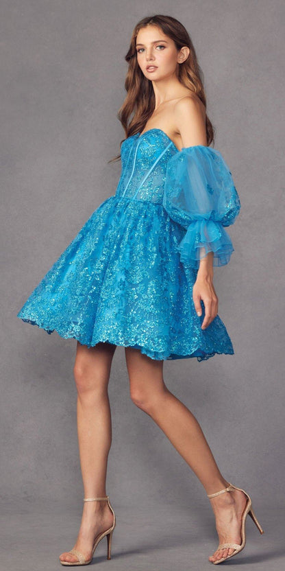 Juliet 895 Short A-Line Glitter Boned Dress Detachable Puff Sleeves by DiscountDressShop