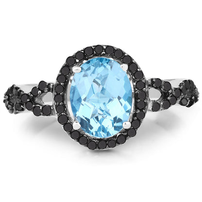 2.92 Carat Genuine Blue Topaz, Black Diamond &amp; White Diamond .925 Sterling Silver Ring by Bids.com
