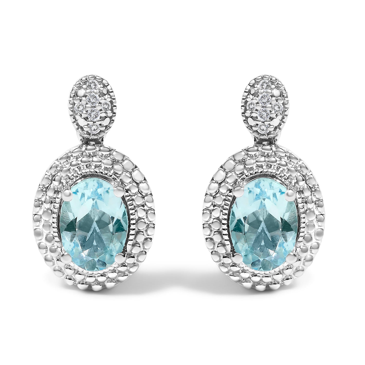 .925 Sterling Silver Diamond Accent and Oval Blue Topaz with Beaded Halo Drop Stud Earrings (I-J color, I1-I2 Clarity) by Bids.com