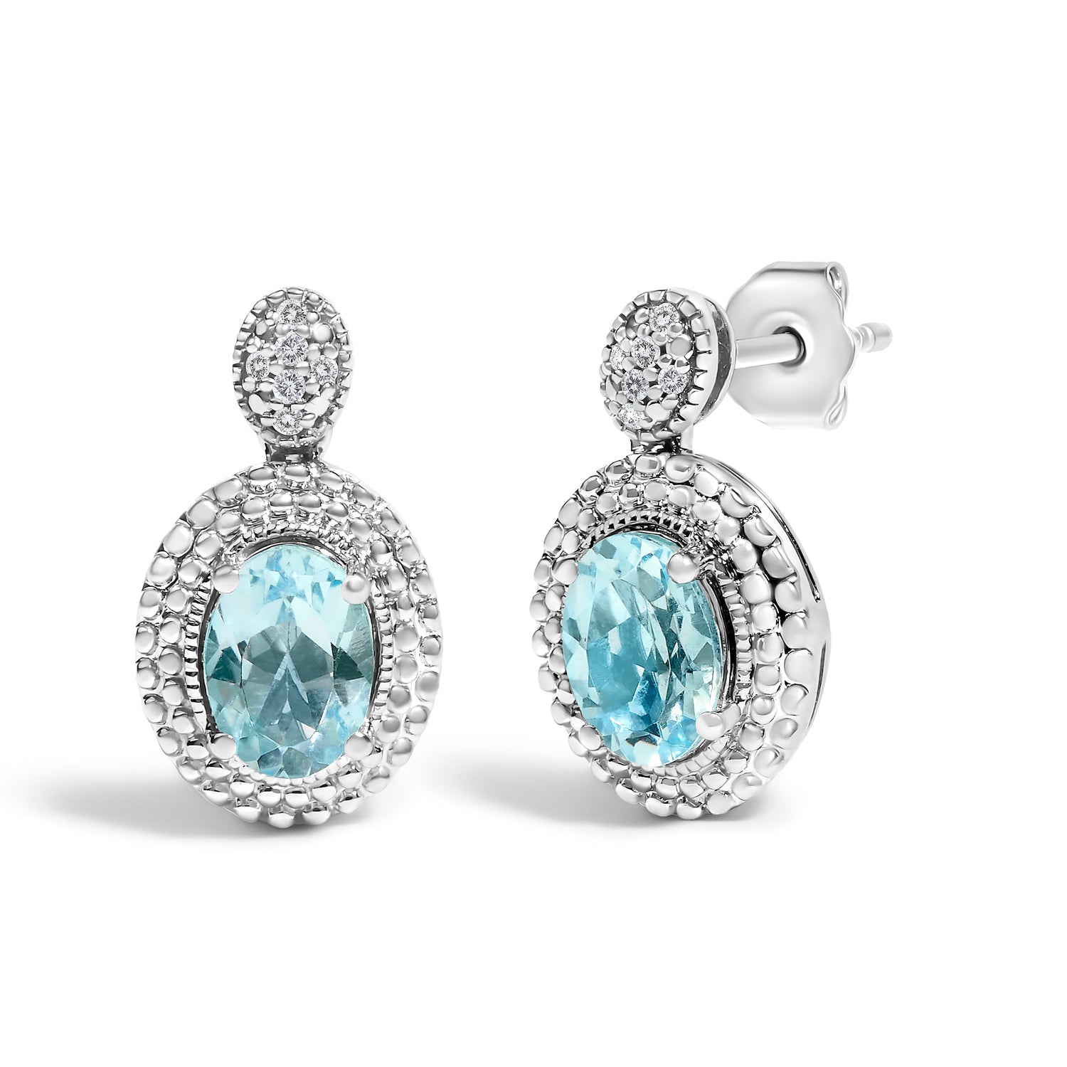 .925 Sterling Silver Diamond Accent and Oval Blue Topaz with Beaded Halo Drop Stud Earrings (I-J color, I1-I2 Clarity) by Bids.com