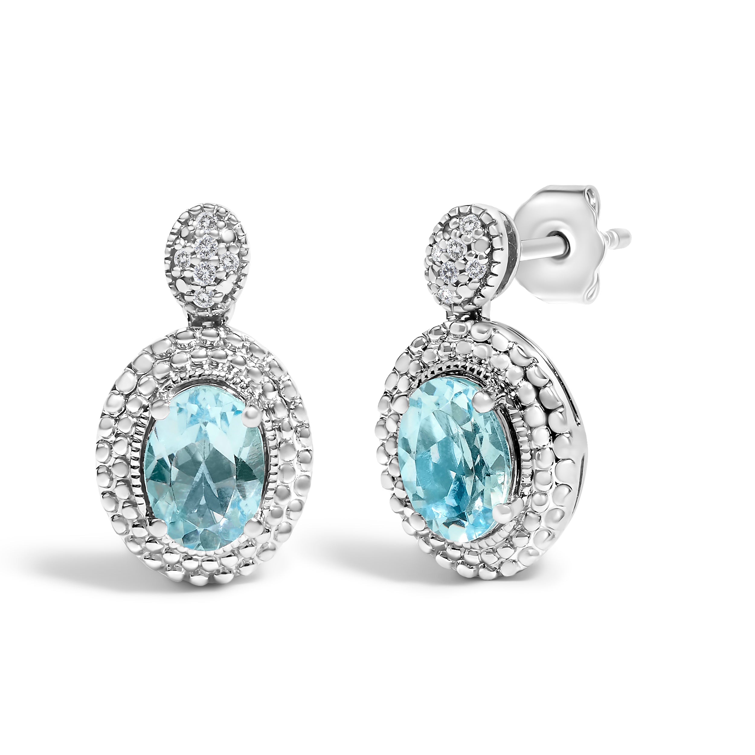.925 Sterling Silver Diamond Accent and Oval Blue Topaz with Beaded Halo Drop Stud Earrings (I-J color, I1-I2 Clarity) by Bids.com