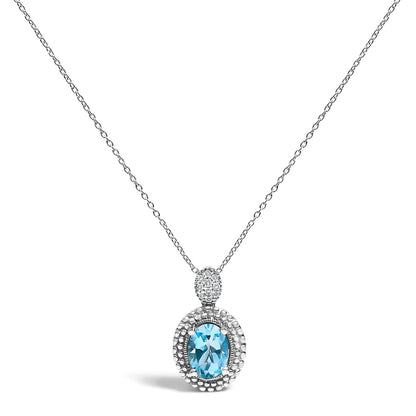 .925 Sterling Silver Oval Blue Topaz and Diamond Accent with Beaded Halo Pendant Necklace - 18" Inches by Bids.com