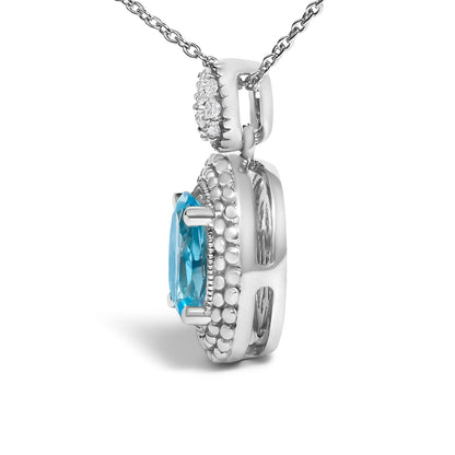 .925 Sterling Silver Oval Blue Topaz and Diamond Accent with Beaded Halo Pendant Necklace - 18" Inches by Bids.com