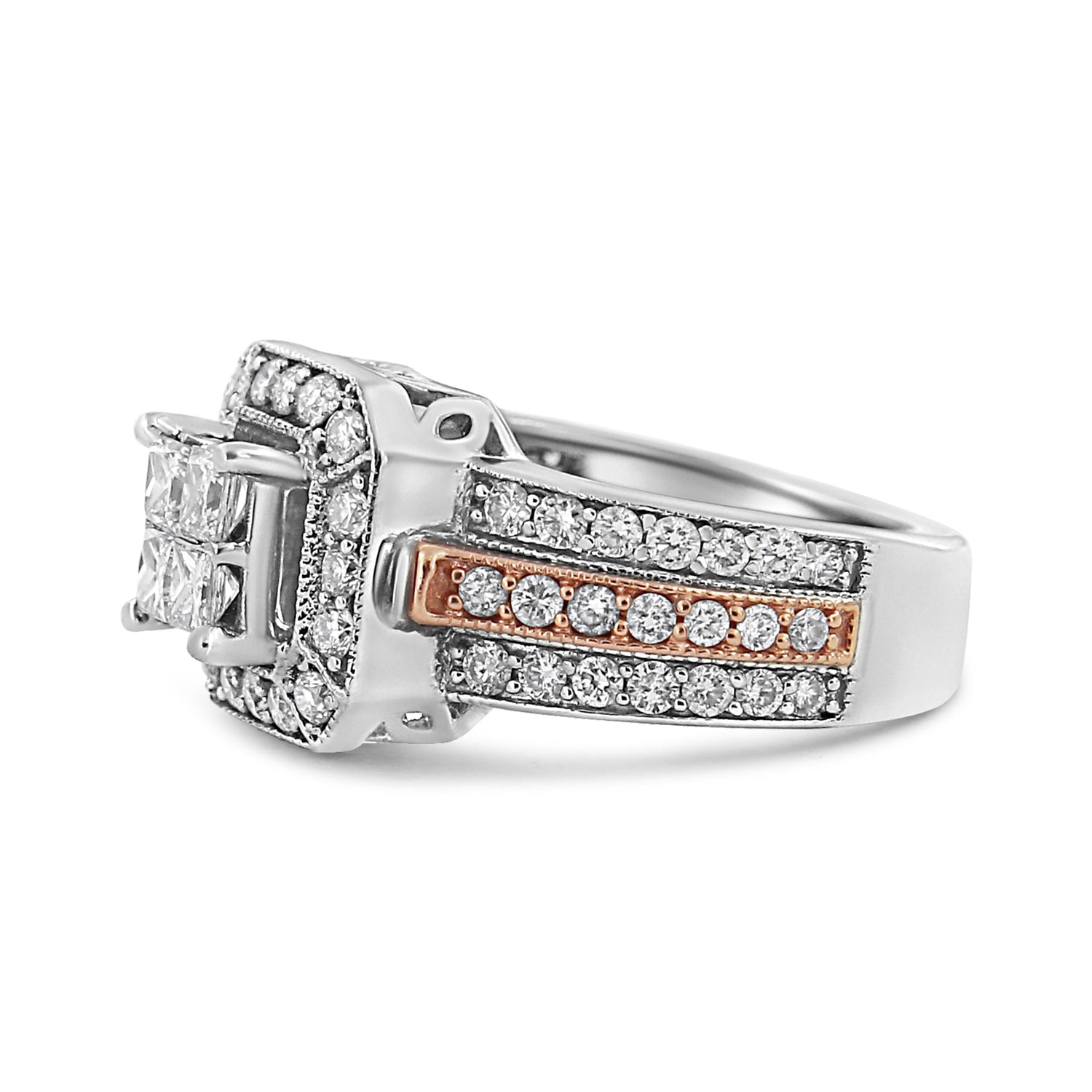 14K White and Rose Gold 1 1/8 Cttw Princess and Round-Cut Diamond Art Deco Style Triple Shank Halo Cocktail Ring (I-J Color, SI2-I1 Clarity) - Size 7 by Bids.com