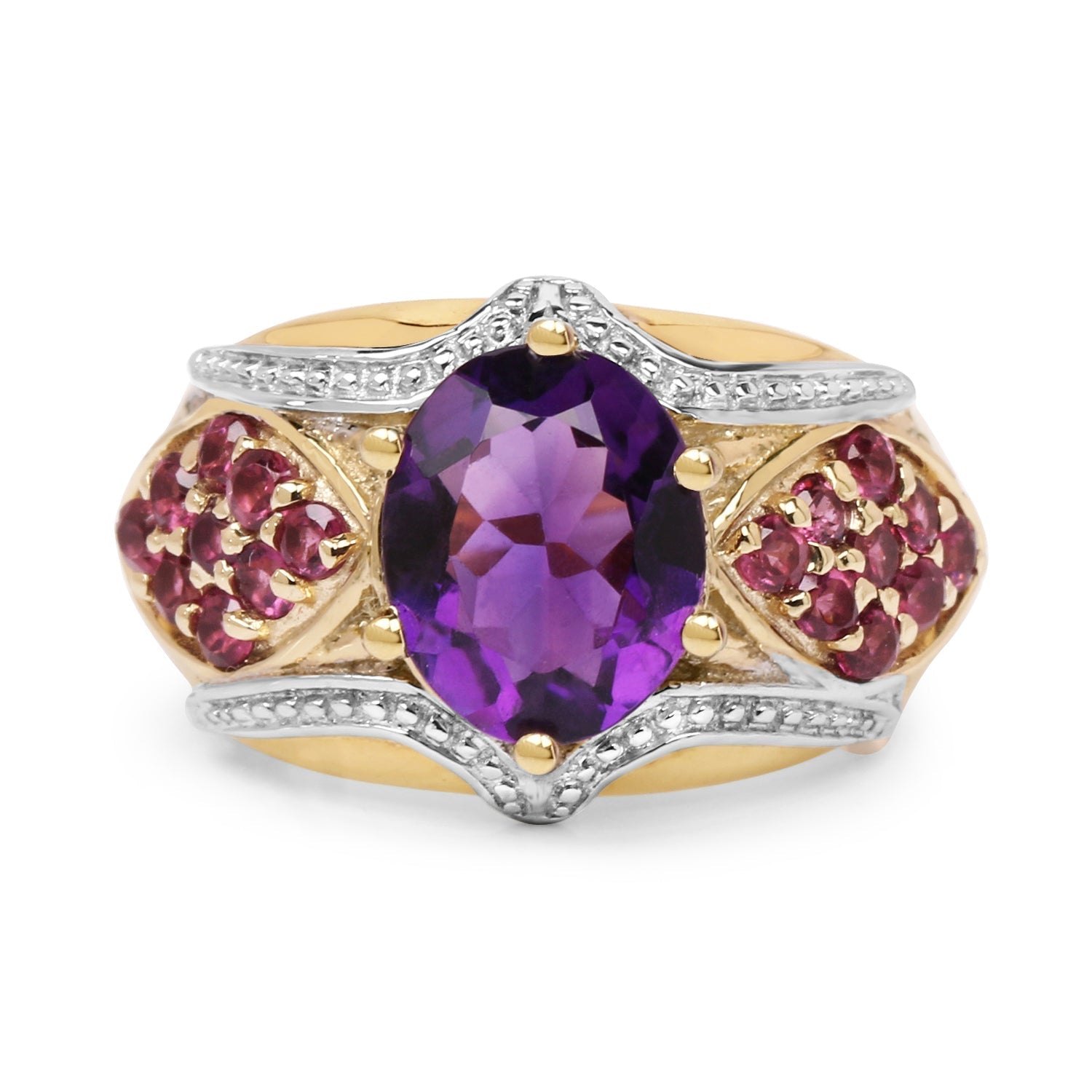 14K Yellow Gold Plated 3.01 Carat Genuine Amethyst &amp; Rhodolite .925 Sterling Silver Ring  DestGlow