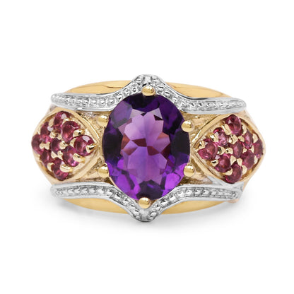 14K Yellow Gold Plated 3.01 Carat Genuine Amethyst &amp; Rhodolite .925 Sterling Silver Ring  DestGlow