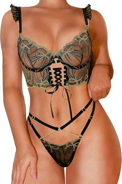 Black Gold-threaded Butterfly Bow Lingerie Set - lingerie &amp; underwear
