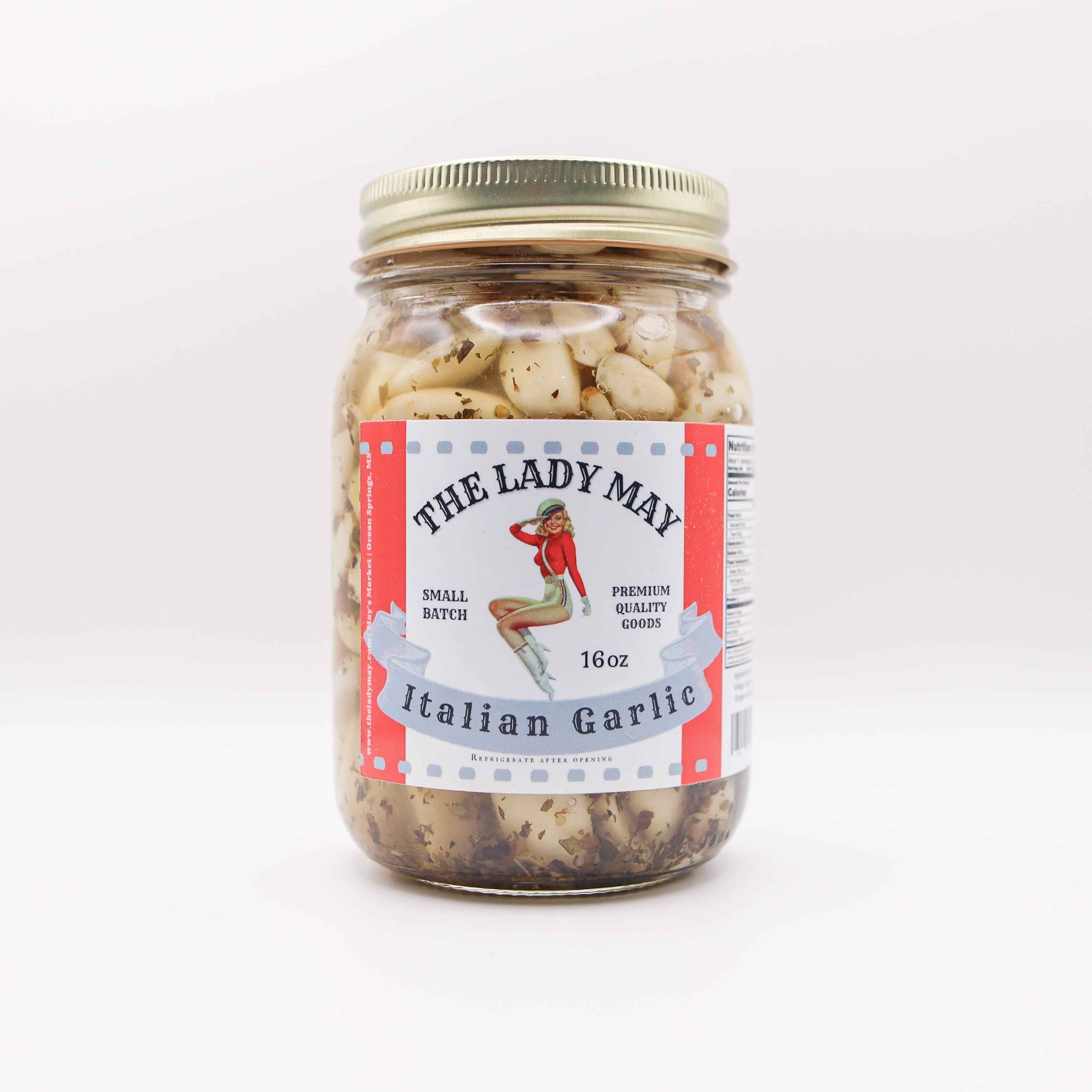 The Lady May Italian Pickled Garlic - Small Batch Basil Oregano Parsley Garlic