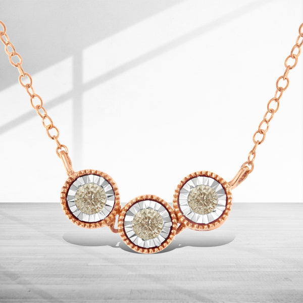 10K Rose and White Gold Plated .925 Sterling Silver 1/4 Cttw Miracle-Set Champagne Diamond Triple Circle 18" Necklace (I2-I3 Clarity) by Bids.com