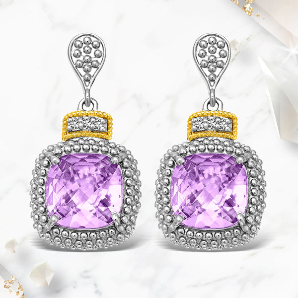 18k Yellow Gold &amp; Sterling Silver Cushion Amethyst &amp; Diamond Earrings (.05cttw) by Bids.com