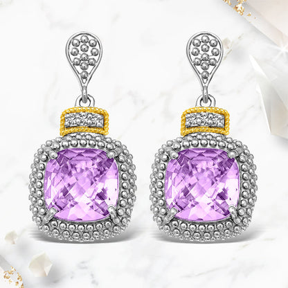 18k Yellow Gold &amp; Sterling Silver Cushion Amethyst &amp; Diamond Earrings (.05cttw) by Bids.com