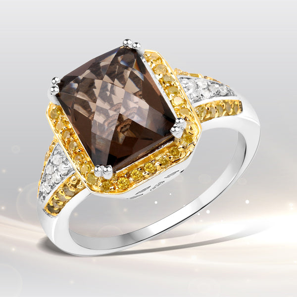 3.48 Carat Genuine Smoky Quartz, Yellow Diamond and White Diamond .925 Sterling Silver Ring by Bids.com