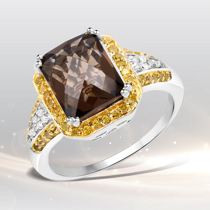 3.48 Carat Genuine Smoky Quartz, Yellow Diamond and White Diamond .925 Sterling Silver Ring by Bids.com