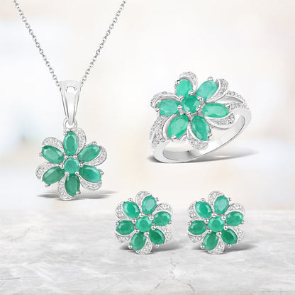 7.84 Carat Genuine Emerald and White Topaz .925 Sterling Silver 3 Piece Jewelry Set (Ring, Earrings, and Pendant w/ Chain) by Bids.com