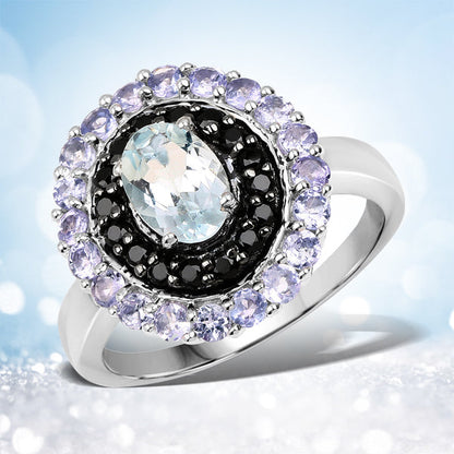 1.77 Carat Genuine Aquamarine, Black Spinel and Tanzanite .925 Sterling Silver Ring by Bids.com
