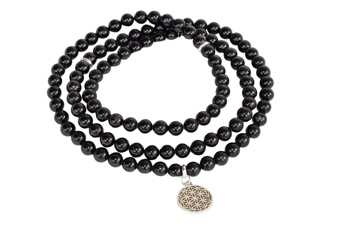 Black Tourmaline Beads Mala Bracelet, 108 Prayer Beads Necklace (Physical Ailments and Growth)  DestGlow