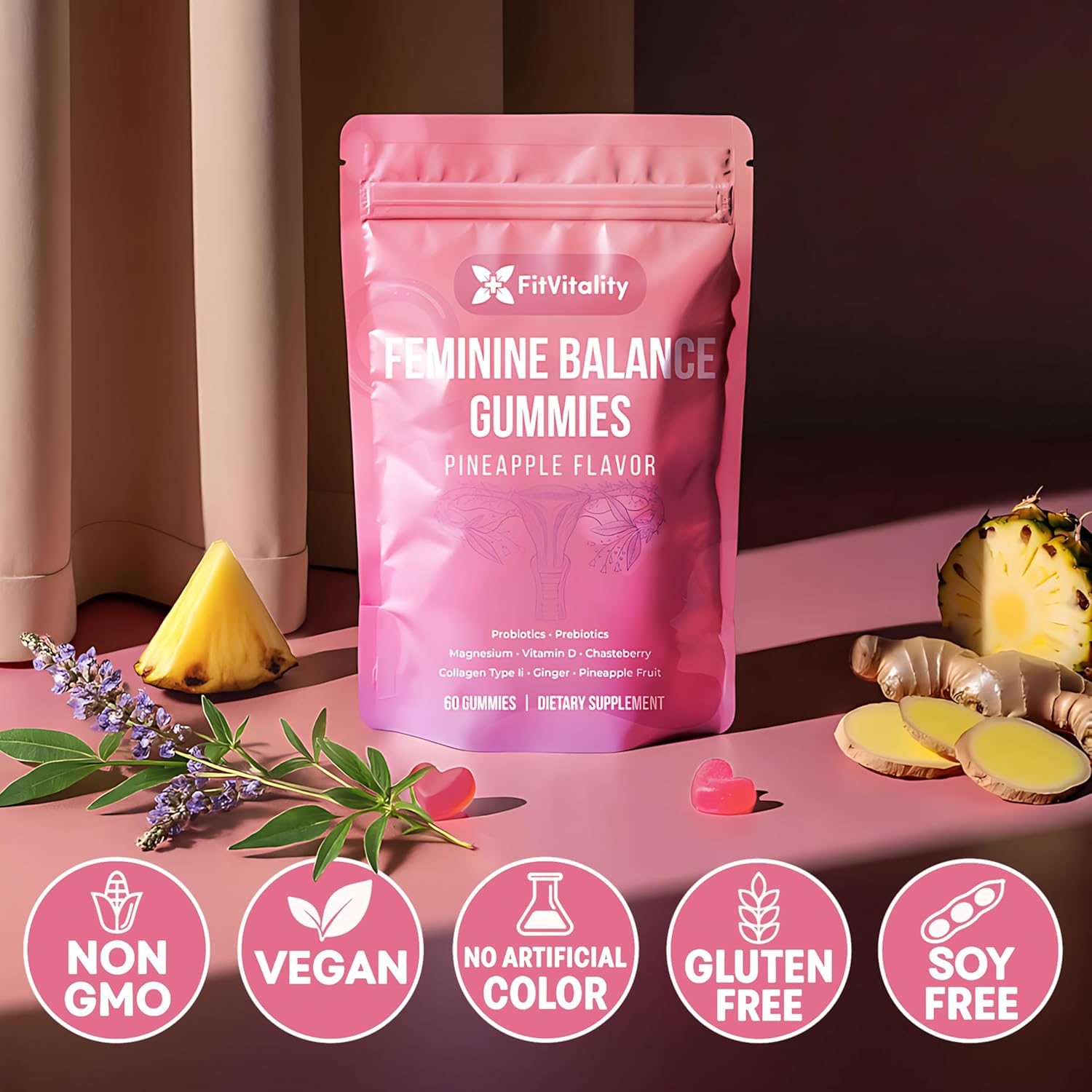 Premium Feminine Balance Gummies – Vaginal Probiotics &amp; Support Digestive Health – Probiotics, Collagen Type II, Chasteberry, Vitamin D &amp; Magnesium by FreshDrinkUS - Natural and Premium Herbal Tea