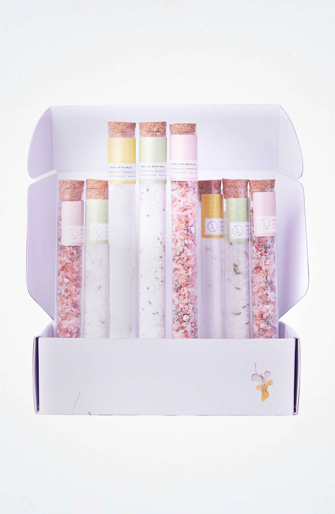 Natural Bath Salts Gift set in 8 Glass Tubes, Luxurious Bath Experience