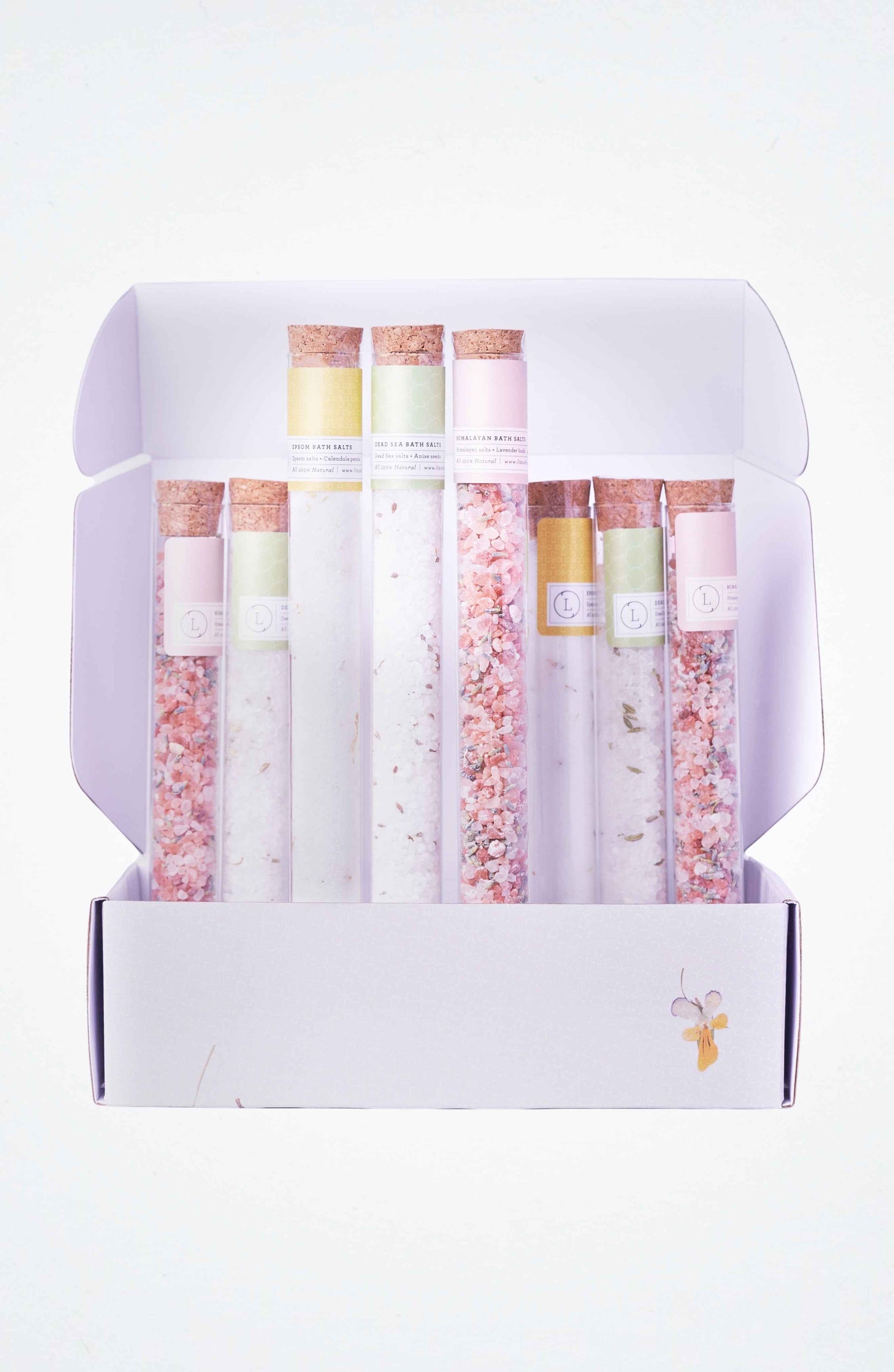 Natural Bath Salts Gift set in 8 Glass Tubes, Luxurious Bath Experience