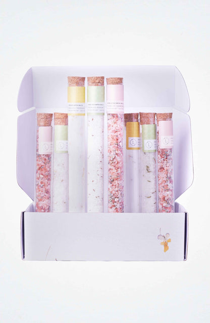 Natural Bath Salts Gift set in 8 Glass Tubes, Luxurious Bath Experience