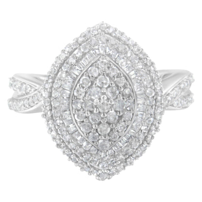 .925 Sterling Silver 1.0 Cttw Round &amp; Baguette-Cut Diamond Marquise-Shaped Cluster Triple Stepped Halo Cocktail Fashion Ring (I-J Color, I2-I3 Clarity) - Size 7 by Bids.com