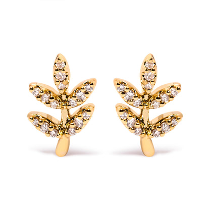 10K Yellow Gold 1/10 Cttw Diamond Accented Leaf and Branch Stud Earrings (H-I Color, I1-I2 Clarity) by Bids.com