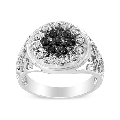 .925 Sterling Silver 1/4 Cttw White and Black Treated Diamond Halo Cluster Ring for Men (I-J Color, I3 Clarity) - Size 10 