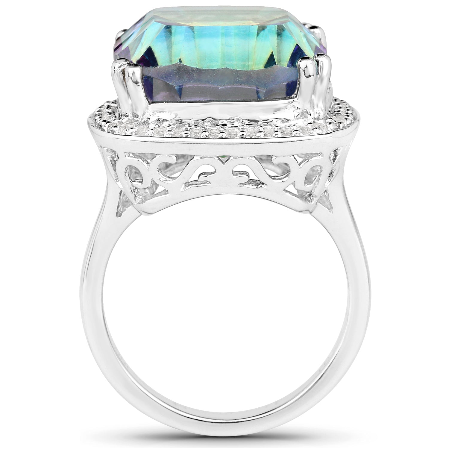 13.95 Carat Genuine Blue Mystic Quartz and White Topaz .925 Sterling Silver Ring  DestGlow
