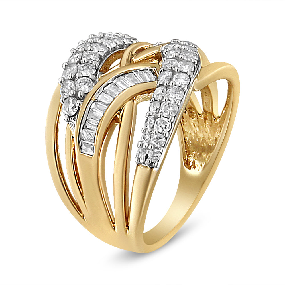 10K Yellow and White Gold 1.0 Cttw Round and Baguette-Cut Diamond Multirow Interwoven Cocktail Ring (I-J Color, I2-I3 Quality) - Size 7 by Bids.com