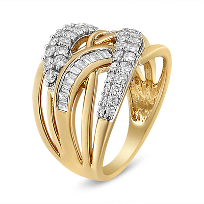 10K Yellow and White Gold 1.0 Cttw Round and Baguette-Cut Diamond Multirow Interwoven Cocktail Ring (I-J Color, I2-I3 Quality) - Size 7 by Bids.com