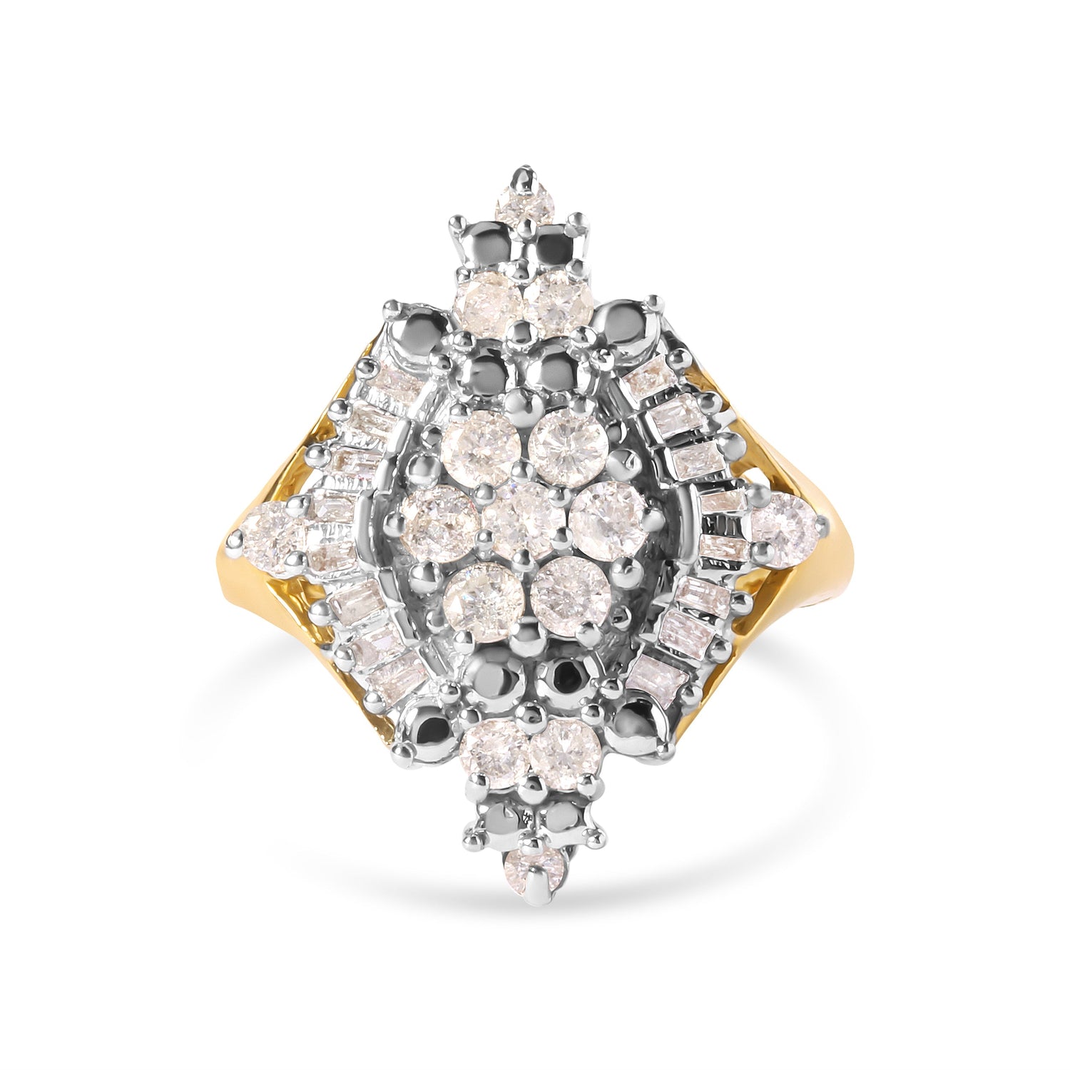 10K Yellow Gold 1 Cttw Round and Baguette cut Diamond Cluster and Rhombus Halo Ring (H-I Color, I1-I2 Clarity) - Ring Size 7 by Bids.com