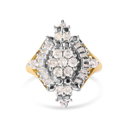 10K Yellow Gold 1 Cttw Round and Baguette cut Diamond Cluster and Rhombus Halo Ring (H-I Color, I1-I2 Clarity) - Ring Size 7 by Bids.com
