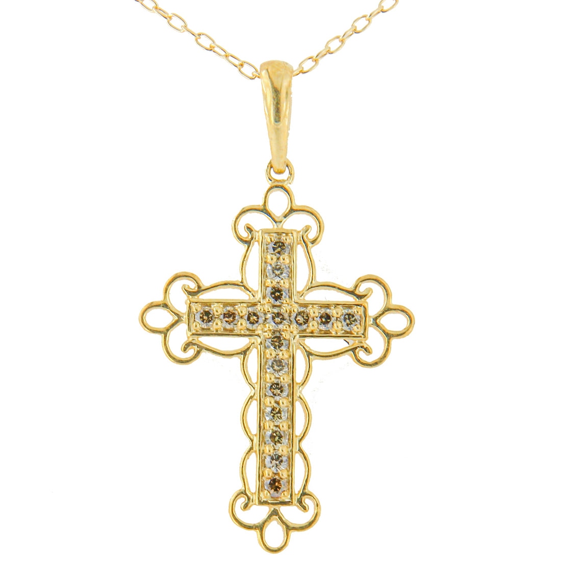 10K Yellow Flashed .925 Sterling Silver 1/4 Cttw Champagne Diamond Filigree Cross Pendant Necklace (K-L Color, I1-I2 Clarity) - 18" by Bids.com