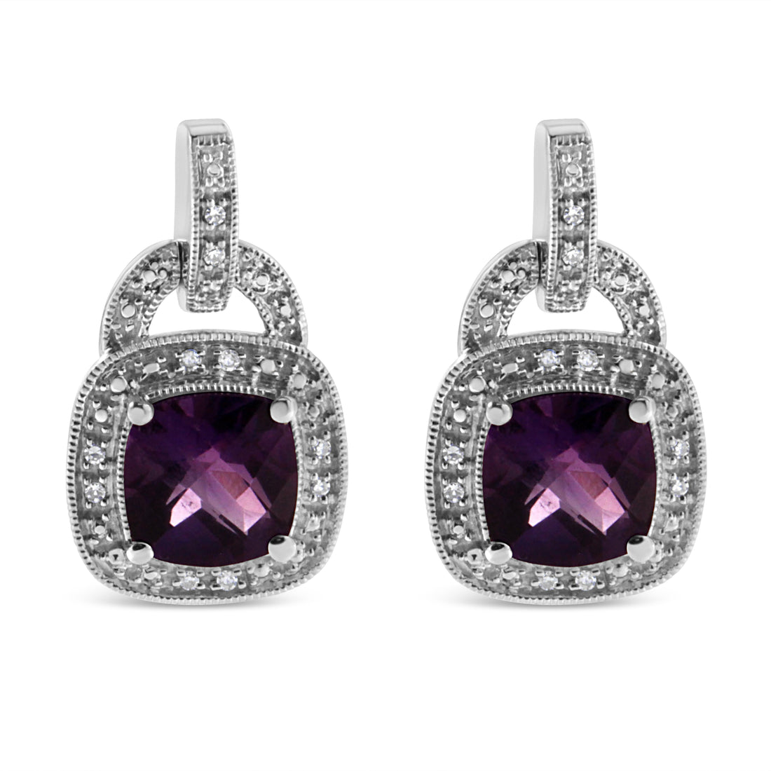 .925 Sterling Silver 8MM Natural Cushion Shaped Amethyst and Diamond Accent Halo with Push Back Dangle Earrings (I-J Color, I2-I3 Clarity) by Bids.com
