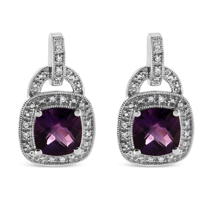 .925 Sterling Silver 8MM Natural Cushion Shaped Amethyst and Diamond Accent Halo with Push Back Dangle Earrings (I-J Color, I2-I3 Clarity) by Bids.com