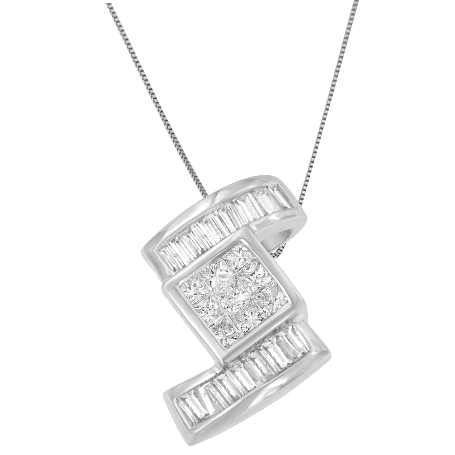 14K White Gold 1 2/5 cttw Princess and Baguette Cut Diamond Zig Zag Pendant Necklace (H-I, SI1-SI2) by Bids.com