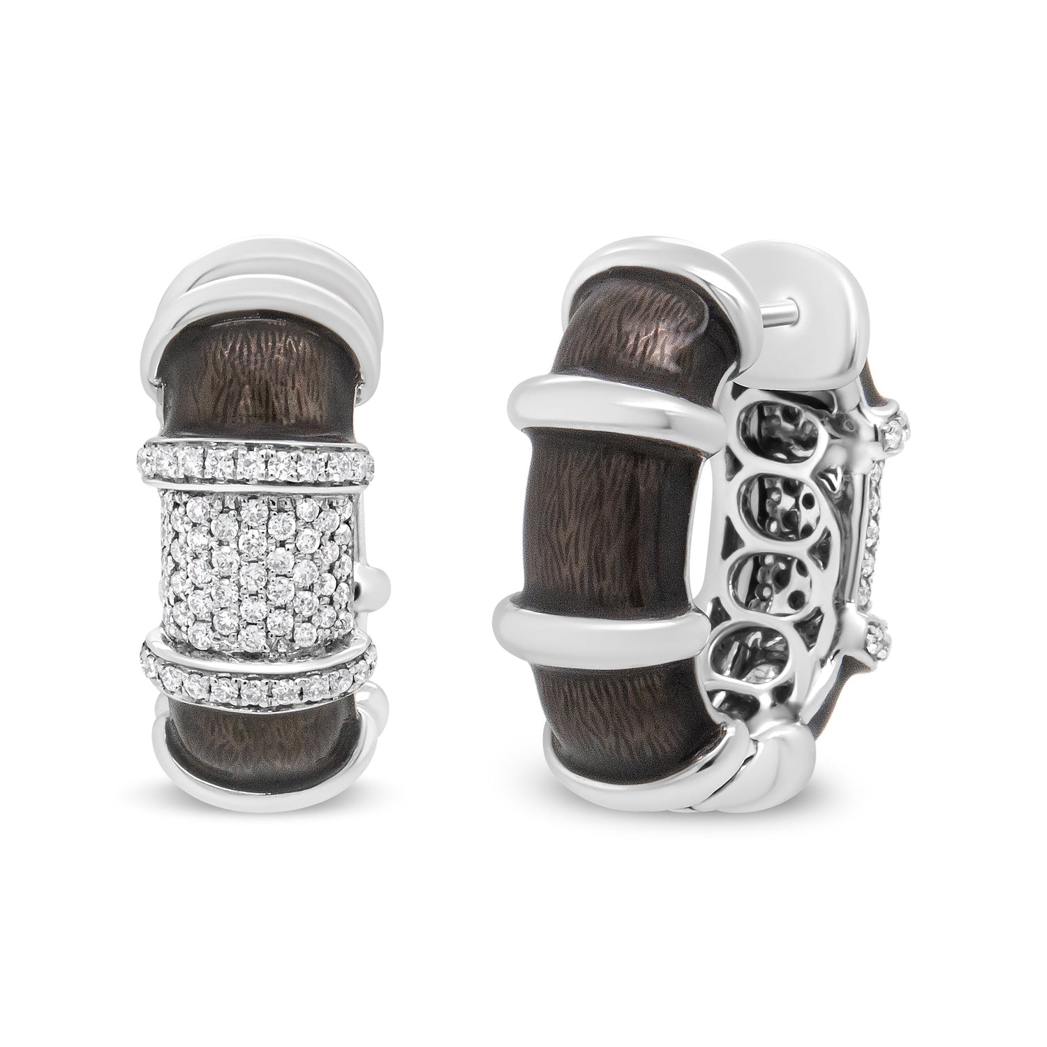 18K White Gold Flash Plated .925 Sterling Silver Clear Graphite Grey Enamel 5/8 Cttw Round Diamonds Huggie Hoop Earrings (F-G Color, VS1-VS2 Clarity) by Bids.com
