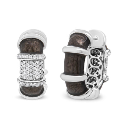 18K White Gold Flash Plated .925 Sterling Silver Clear Graphite Grey Enamel 5/8 Cttw Round Diamonds Huggie Hoop Earrings (F-G Color, VS1-VS2 Clarity) by Bids.com