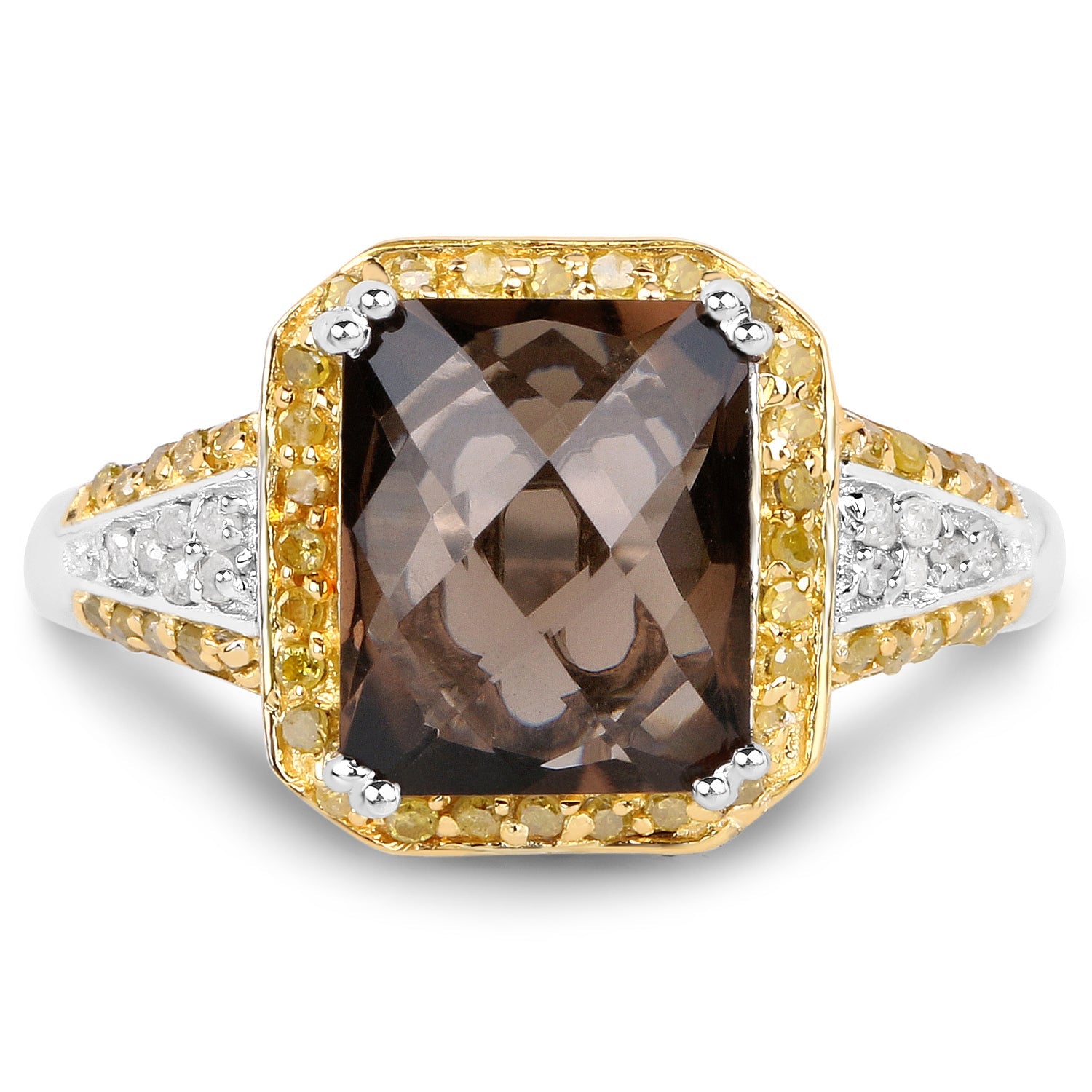 3.48 Carat Genuine Smoky Quartz, Yellow Diamond and White Diamond .925 Sterling Silver Ring by Bids.com