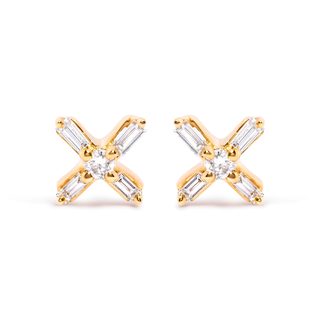 10K Yellow Gold 1/10 Cttw Round and Baguette Diamond Criss Cross X Stud Earring (H-I Color, I1-I2 Clarity) by Bids.com