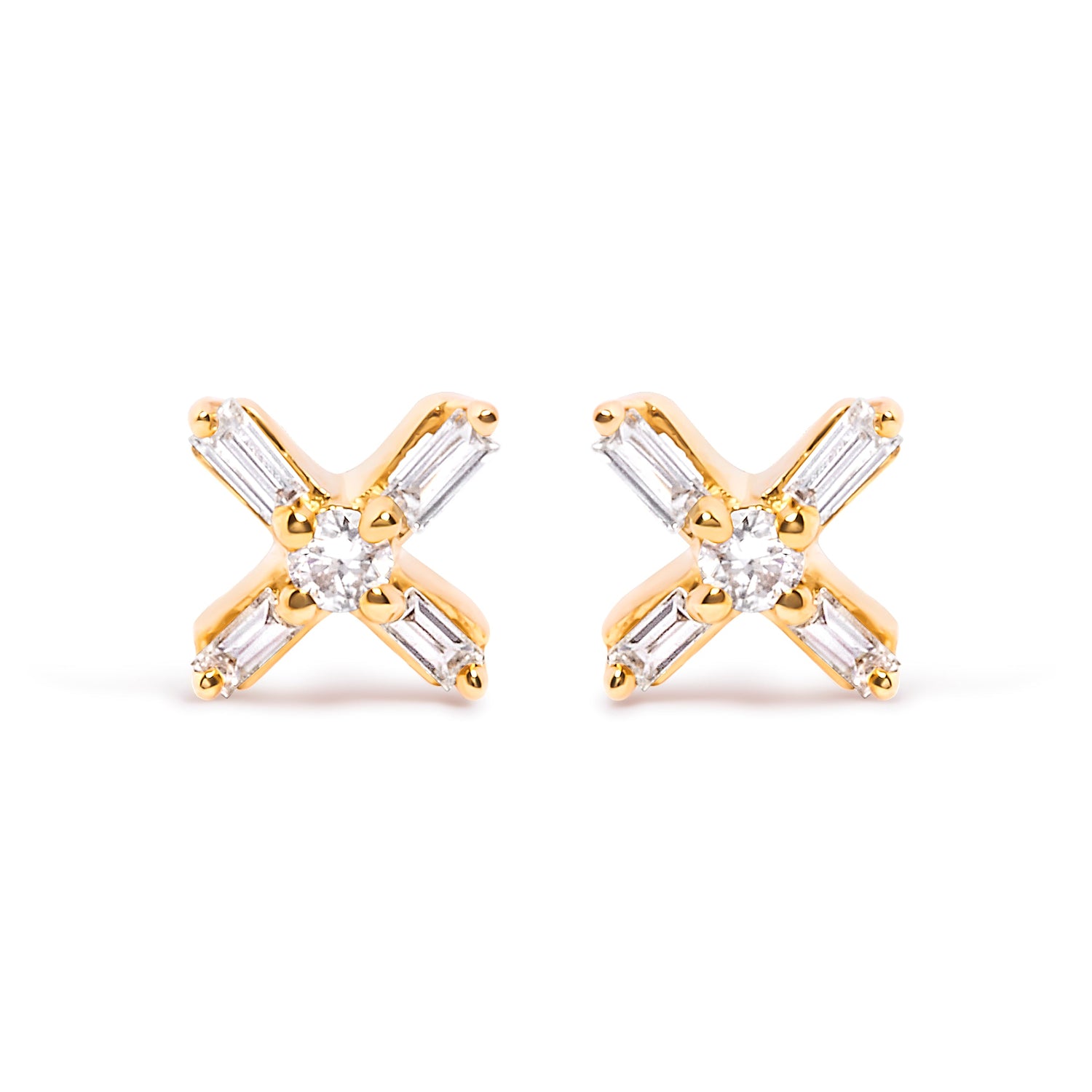 10K Yellow Gold 1/10 Cttw Round and Baguette Diamond Criss Cross X Stud Earring (H-I Color, I1-I2 Clarity) by Bids.com