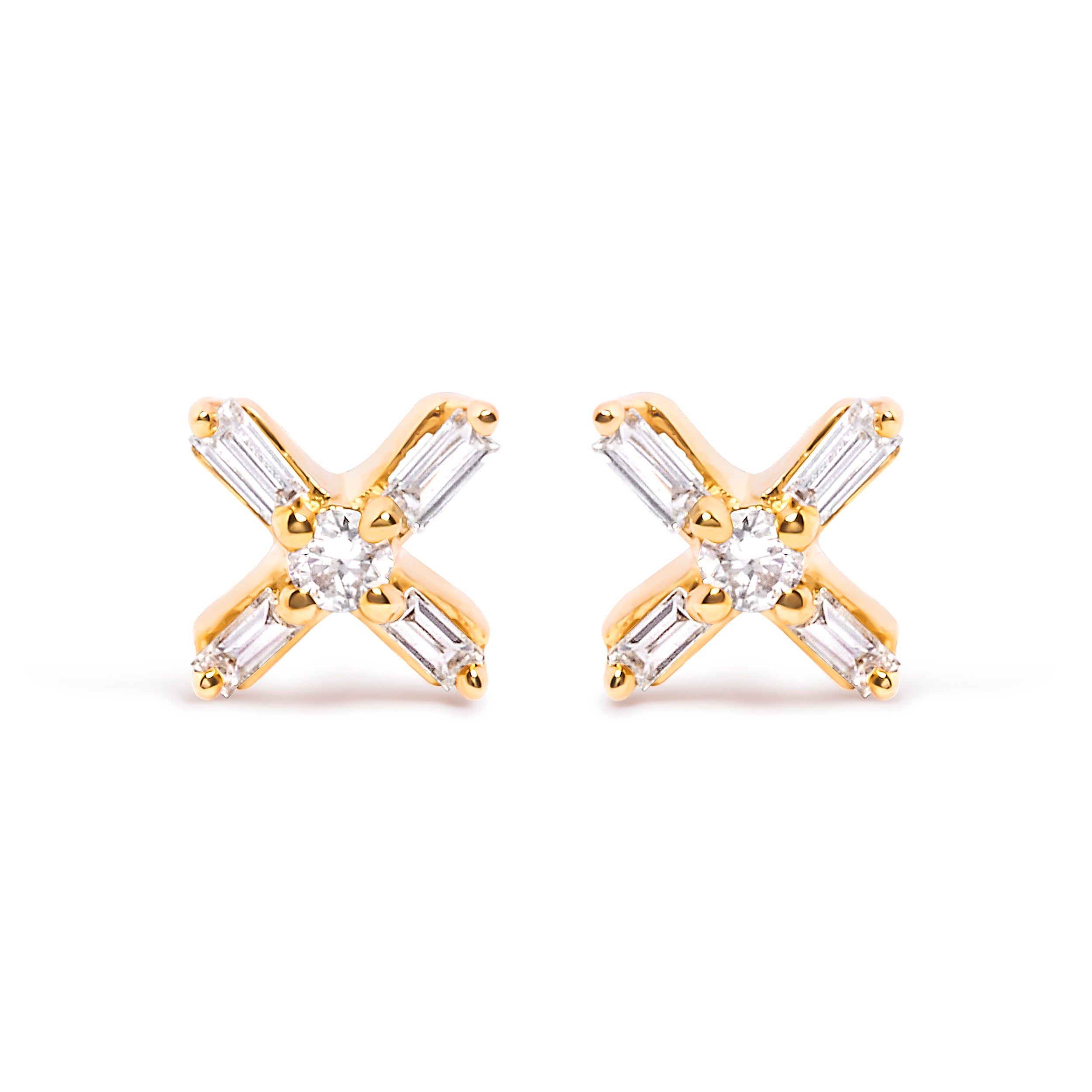 10K Yellow Gold 1/10 Cttw Round and Baguette Diamond Criss Cross X Stud Earring (H-I Color, I1-I2 Clarity) by Bids.com