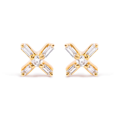 10K Yellow Gold 1/10 Cttw Round and Baguette Diamond Criss Cross X Stud Earring (H-I Color, I1-I2 Clarity) by Bids.com