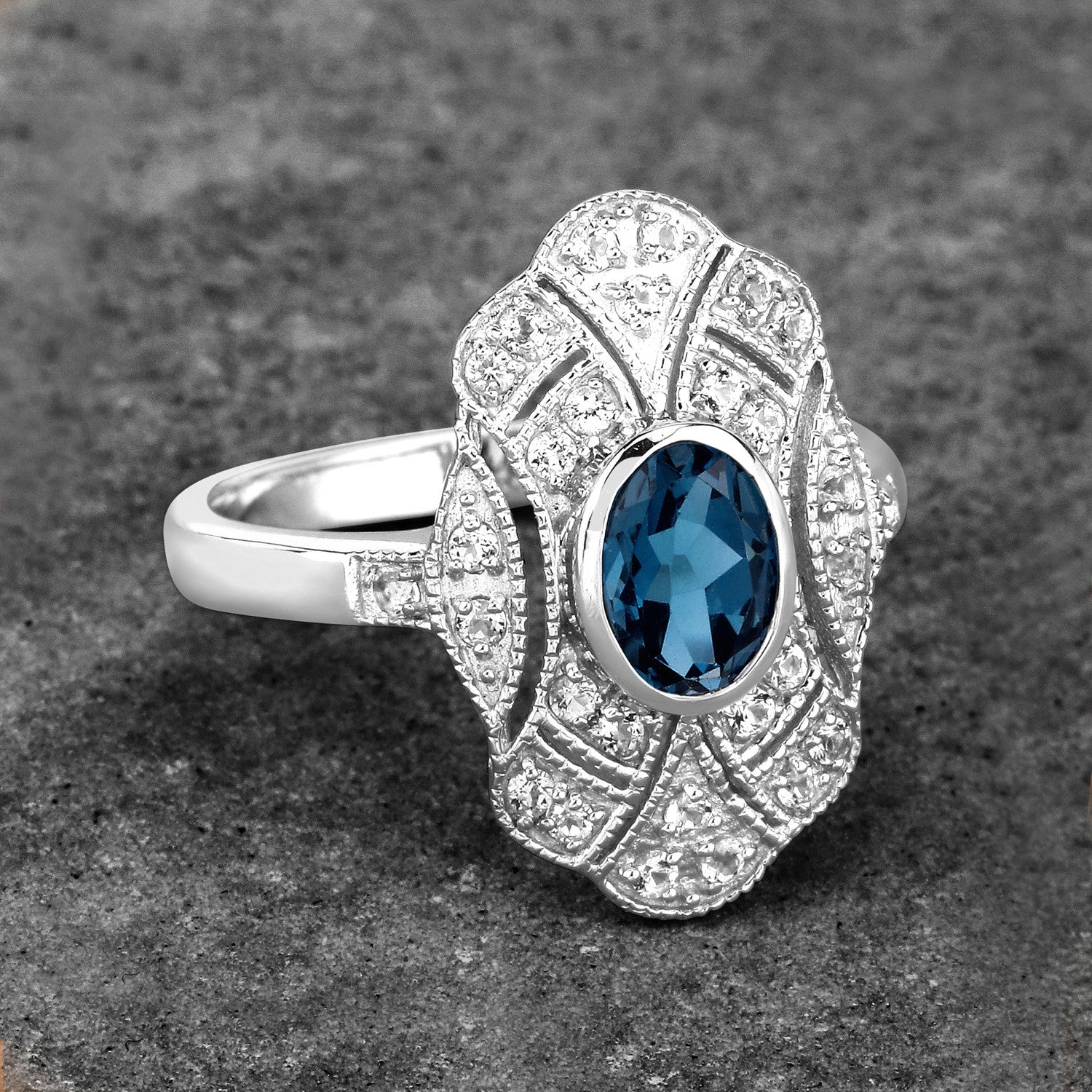 1.32 Carat Genuine London Blue Topaz and White Topaz .925 Sterling Silver Ring  DestGlow