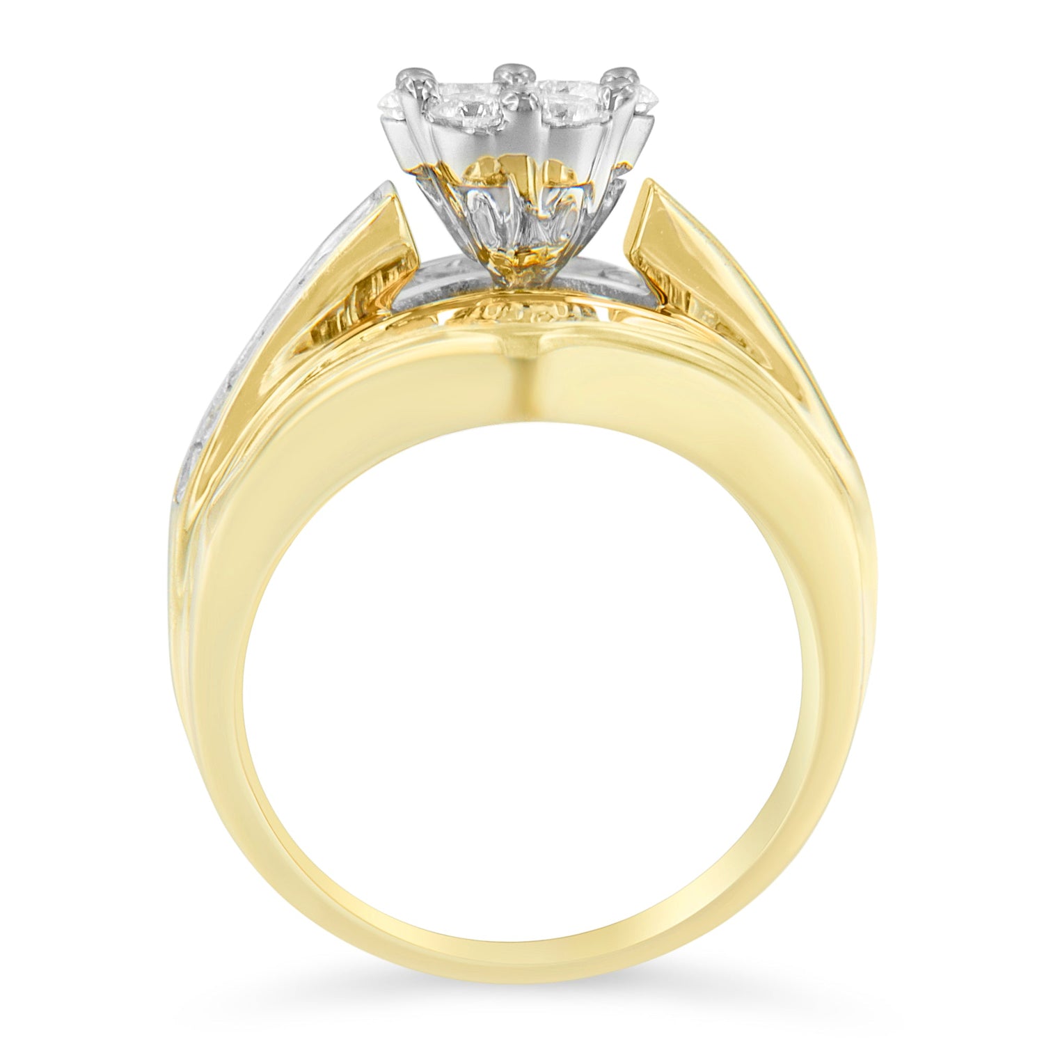 14K Yellow Gold 2-1/3 Cttw Diamond Cluster Channel Set Chevron Shaped Band Engagement Ring &amp; Wedding Band Set