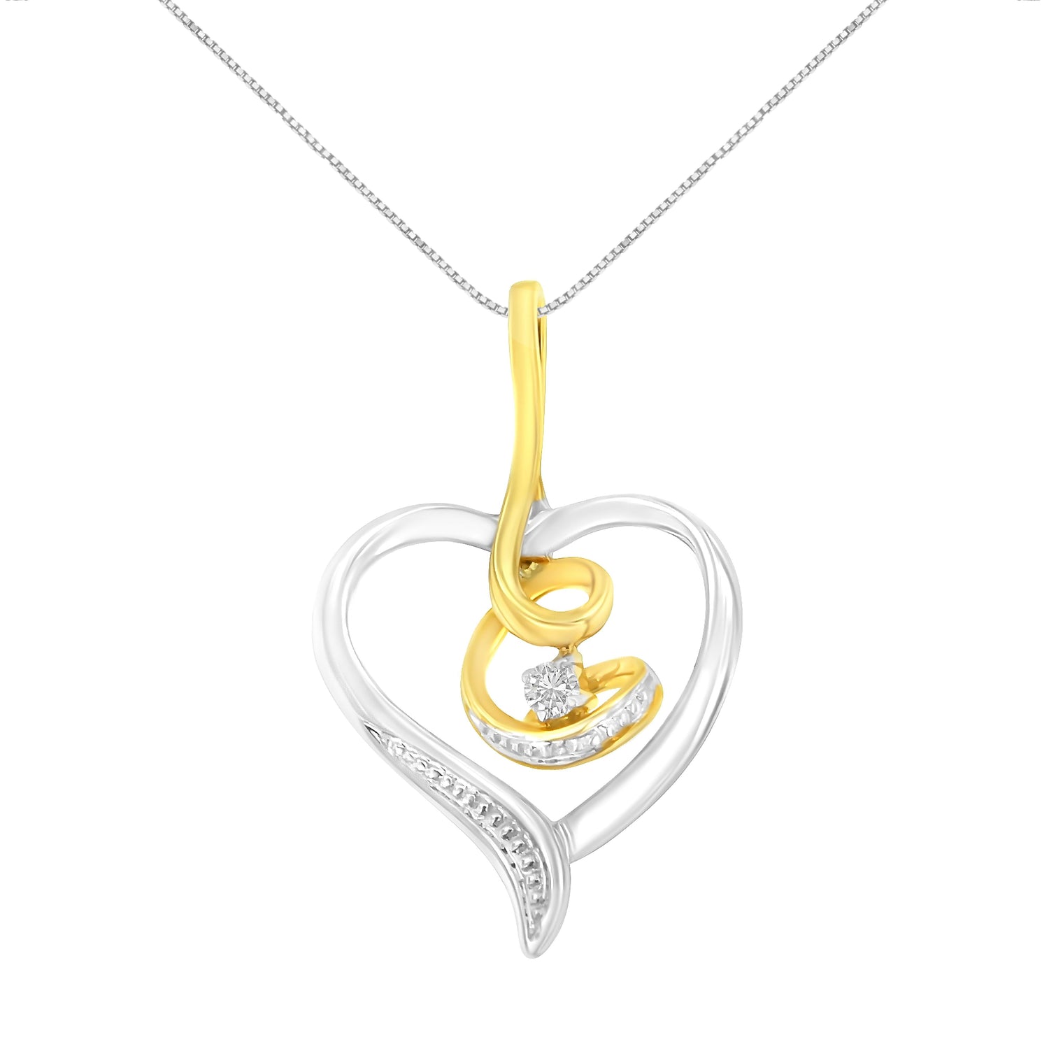 Espira 10K Two-Tone Yellow &amp; White Gold .03 Cttw Diamond-Accented Round-Cut Diamond Swirl Open Heart 18" Pendant Necklace (I-J Color, I2-I3 Clarity) by Bids.com