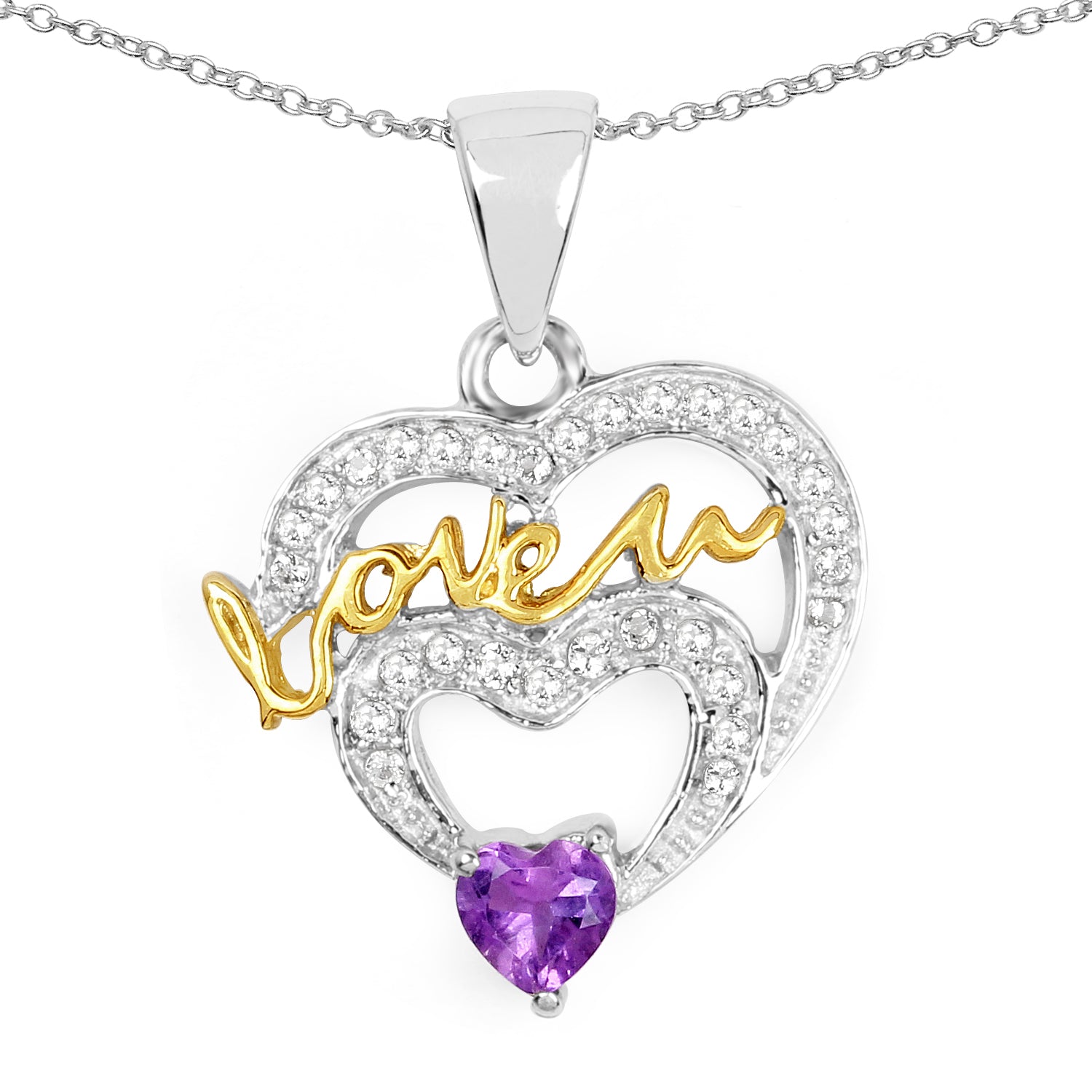 Two Tone Plated 0.44 Carat Genuine Amethyst and White Topaz .925 Sterling Silver Pendant by Bids.com