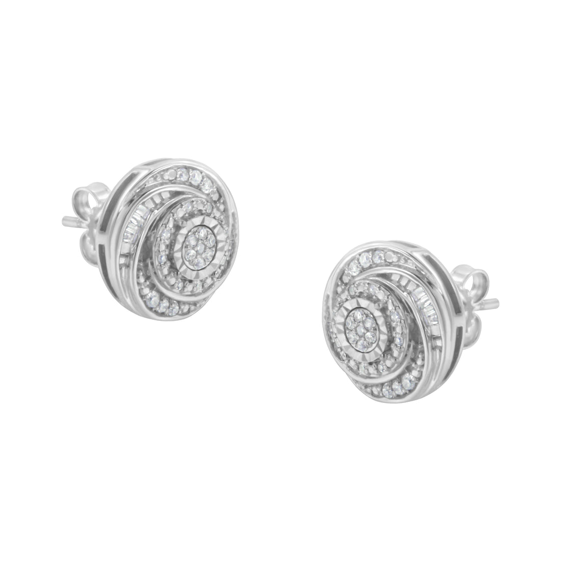 .925 Sterling Silver 1/4 Cttw Baguette and Round Diamond Swirl Love Knot Stud Earrings (I-J Color, I3 Clarity)  DestGlow