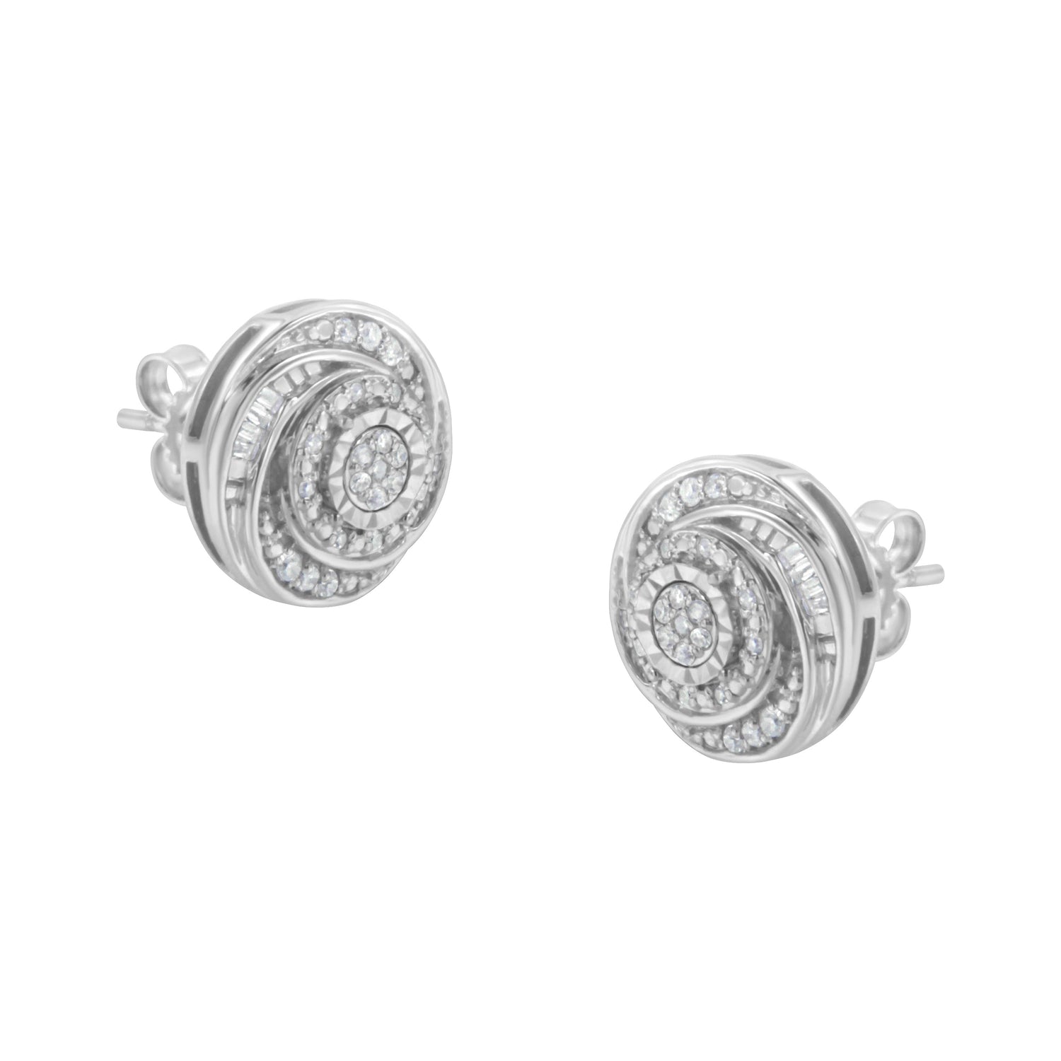 .925 Sterling Silver 1/4 Cttw Baguette and Round Diamond Swirl Love Knot Stud Earrings (I-J Color, I3 Clarity)  DestGlow