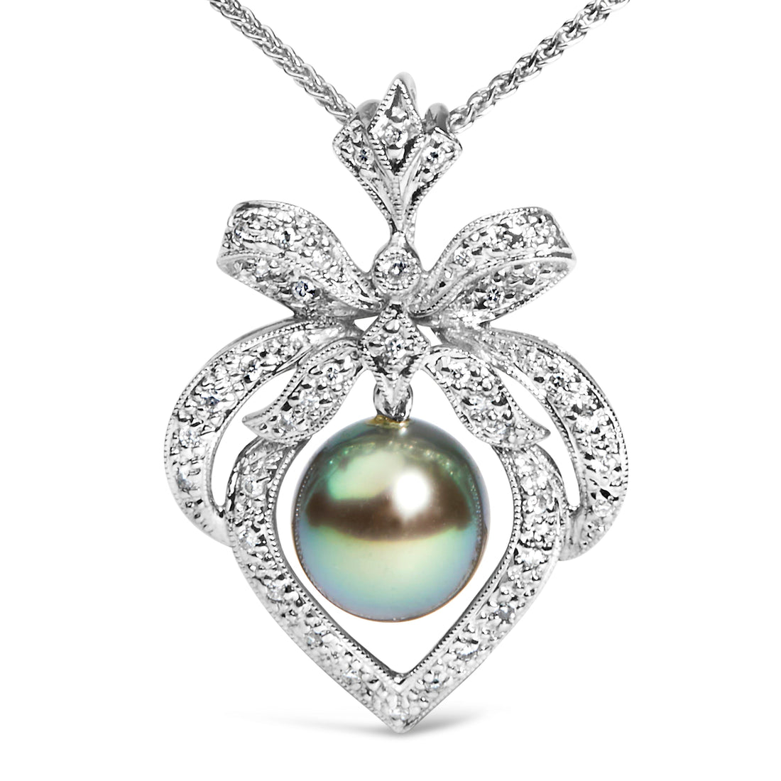 18K 3/4 Cttw Diamond and 12.5 MM Cultured Black Tahitian Pearl Heart Pendant Necklace (G-H Color, SI1-SI2 Clarity) - 18" Inches by Bids.com